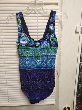 Delta Burke Blue, Green and Purple Floral One-Piece Swimsuit